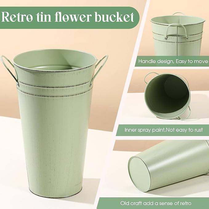 Irenare 12 Inch Vintage Galvanized Flower Bucket Metal Flower Vase Farmhouse French Bucket Planter Metal Floral Container for Party Table Centerpiece Weddings Home(Sage Green,6 Pcs)