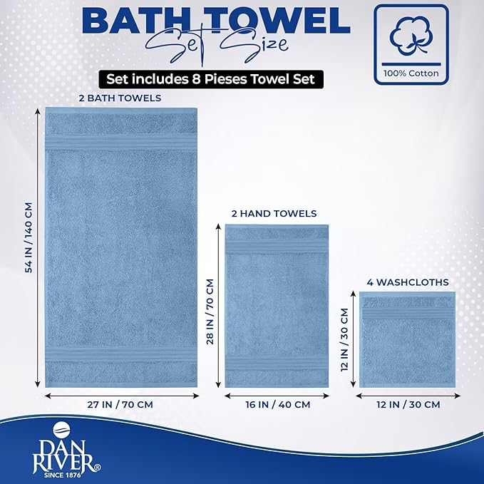 DAN RIVER 8 PC Luxury Bath Towels for Bathroom, 2 Bath, 2 Hand, and 4 Wash Cloths, 600 GSM 100% Ring Spun Cotton Towel Set, Highly Absorbent, Gym, Hotel, and Spa, Medium Blue