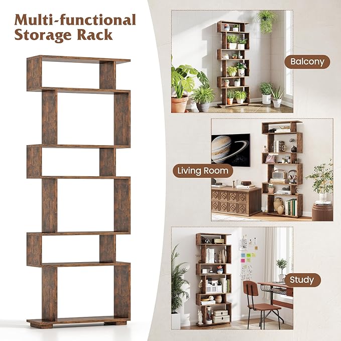 Tangkula 6-Tier S-Shaped Bookshelf, 64" Freestanding Geometric Bookcase, Home Office Wood Storage Shelf with Anti-Toppling Device, Room Divider Display Rack for Study, Living Room (2, Rustic Brown)