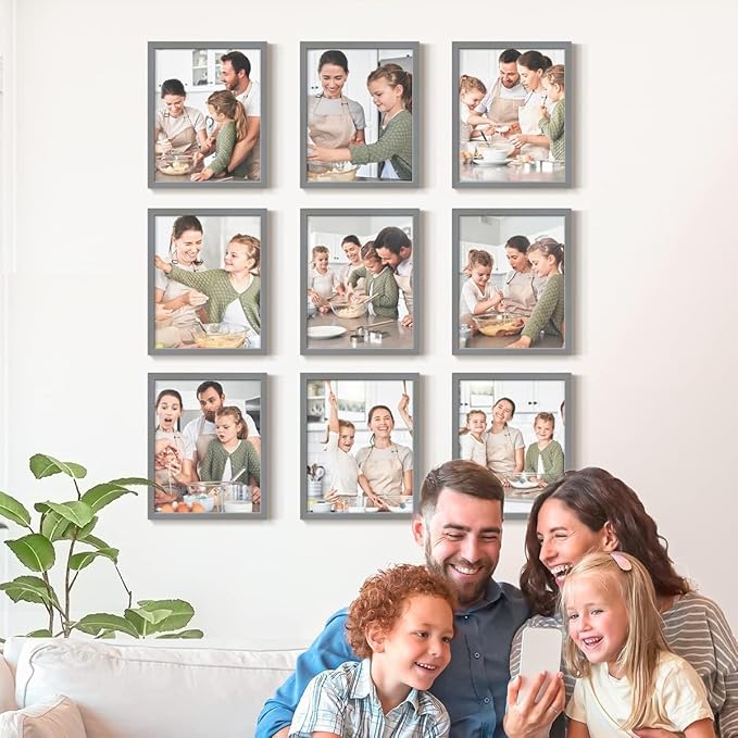 Renditions Gallery Set of 9, 11X14 Custom Photo Prints with Real Wood Picture Frames. Create Personalized Photos with Peel & Stick Photo Frames. Gray Frame