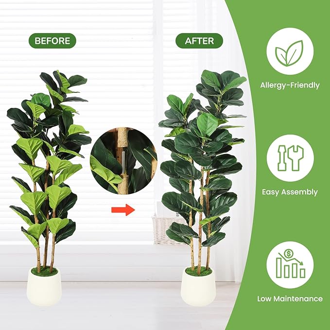 GarveeHome 5FT Faux Fiddle Leaf Fig Tree with White Pot, Faux Trees with Artificial Plants 56 Fiddle Leaves Greenery - Lifelike Fake Tree for Home Office Store Room Decor Indoor Outdoor
