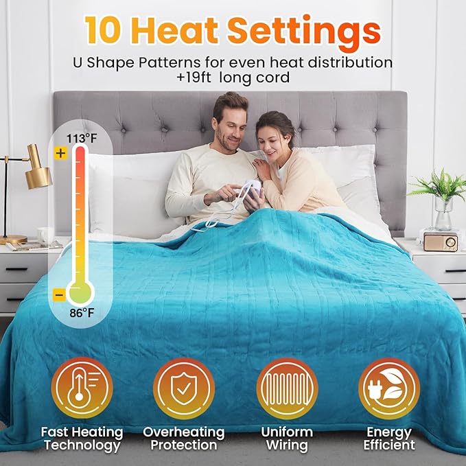 WOOMER Electric Heated Blanket Twin Size, Soft Flannel Fast Heating Blanket, Teal Color, 62"x 84", 10 Heating Levels & 0.5-12H Auto Off, Over-Heat Protection