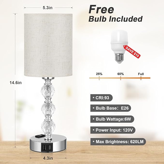 White Touch Bedside Lamps for Bedrooms - Crystal Table Lamp with USB C+A Charging Port and AC Outlet Nightstand, 3 Way Dimmable Silver Small End Side Table Lamp for Living/Guest/Dinning Room/Kitchen