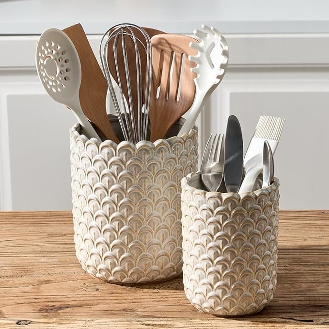 JIEMEI HOME Kitchen Utensil Holder, Large 7.5"+6.2" Petal Ceramic Utensil Crock for Countertop, Utensil Holder with Cork Mat, Morden Utensil Organizer for Spatula, Kitchen Decor, Set of 2, Off-white