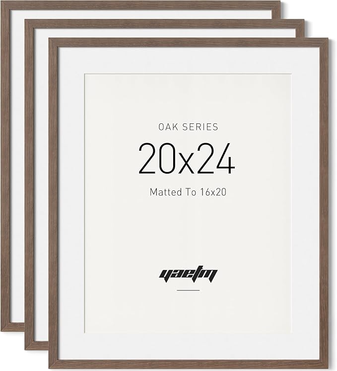 Yaetm 20x24 Picture Frame Matted to 16x20 - Brown Walnut, Solid Wood 20 x 24 Frame for Poster & Art Print, Lightweight, Horizontal and Vertical Wall Hanging for Photo Gallery (3 Pack, Walnut)