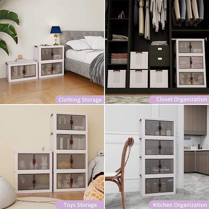 Luxdecor 185Qt Storage Bins With Lids-Stackable Plastic Storage Bins on Wheels, Closet Organizers and Storage,Collapsible Storage Cabinet with Doors for Home Office Garage Under Stairs,3 Tier White
