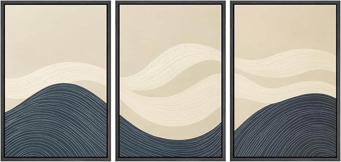 SIGNWIN Framed Wall Art Print Set Minimalist Blue and Beige Wave Modern Abstract Photography Modern Art Minimalist Closeup Dramatic for Living Room, Bedroom, Offic - 24"x36"x3 BLACK