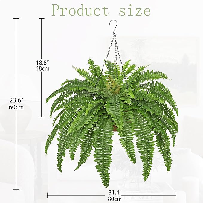 Fake Hanging Plants Large Boston Fern Artificial Plants Outdoor Realistic Fake Ferns with Palm Basket Silk Plants Ferns Hanging Plant Artificial Decor for Home Front Porch Window Garden - Green