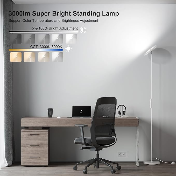 SUNMORY Floor Lamps for Living Room, 32W/3000LM Super Bright LED Floor Lamp with Remote Control, 69" Tall Standing Lamp with Stepless Dimmable, Modern Torchiere Corner Lamp for Bedroom, Office White