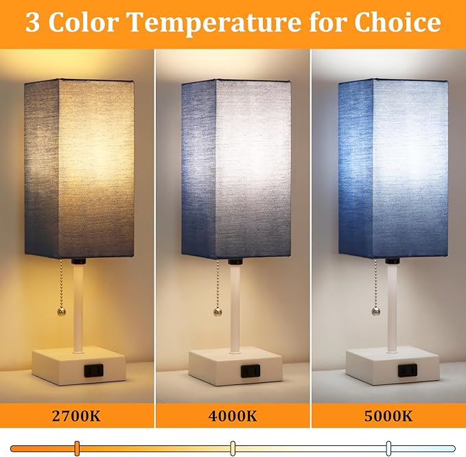 Table Lamp for Bedroom set of 2,3-Color Bedside Lamps with Pull Chain Table Lamps for Nightstand with AC Outlets,Small Night Light Lamps with 2 Bulbs Lamps for Living Room Kids Room Office Decor（Blue）