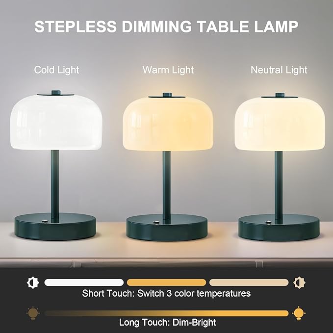 Oneach Portable Cordless Table Lamp, Rechargeable Battery Powered Lamp with Opal Glass Shade, 3-Way Dimmable LED Touch Mushroom Table Lamp for Bedroom, Bedside, Living Room, Dining Room, Patio, Blue