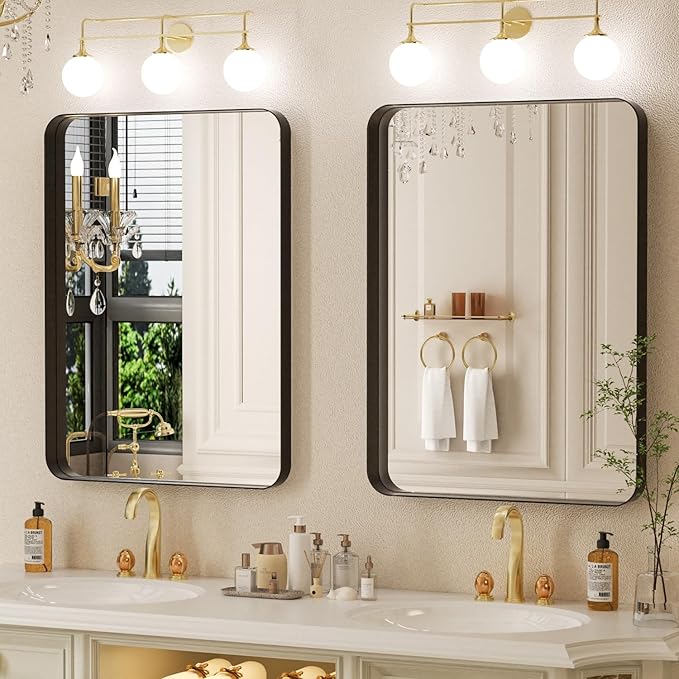 24×32 Bathroom Vanity Mirrors for Over Sink - Rectangle Mirrors for Wall with Rounded Corners & Aluminum Frame, Tempered-Glass, Modern, Farmhouse, Horizontal/Vertical, Bedroom, Entryway