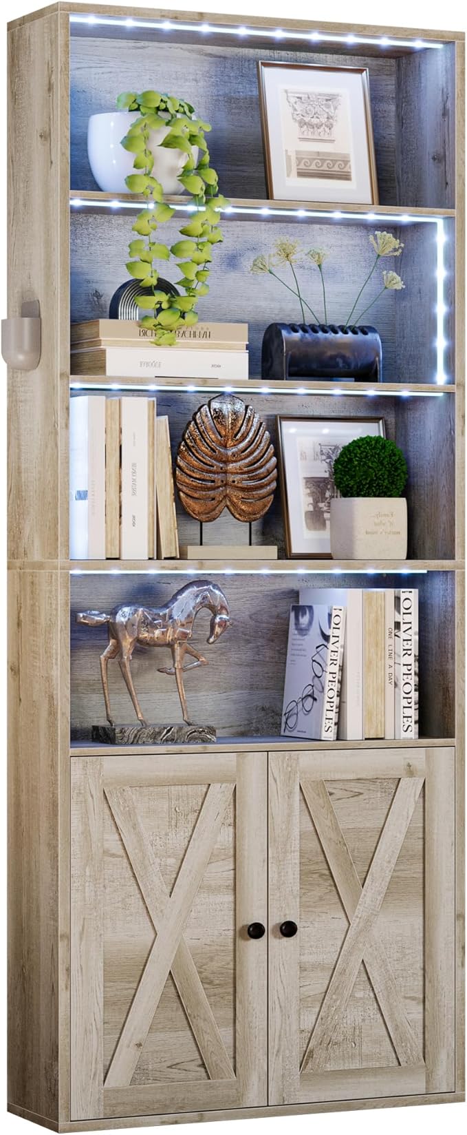 IRONCK Tall Bookcase with LED Lights, 70 in Industrial Bookshelf Display Shelf Floor Standing for Home Office, Living Room, Bed Room