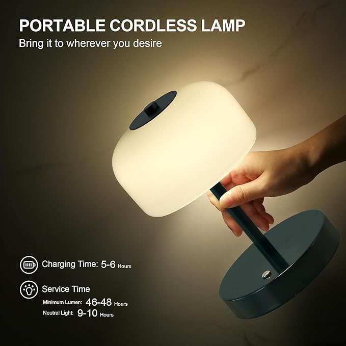 Oneach Portable Cordless Table Lamp, Rechargeable Battery Powered Lamp with Opal Glass Shade, 3-Way Dimmable LED Touch Mushroom Table Lamp for Bedroom, Bedside, Living Room, Dining Room, Patio, Blue