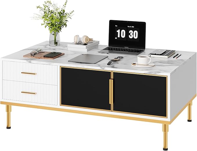 Coffee Table, White Center Table for Living Room, Modern Large Coffee Tables with Storage 4 Drawers & 2 Glass Door Storage, Faux Marble Top, Gold Metal Leg, Hidden Compartment for Reception Room