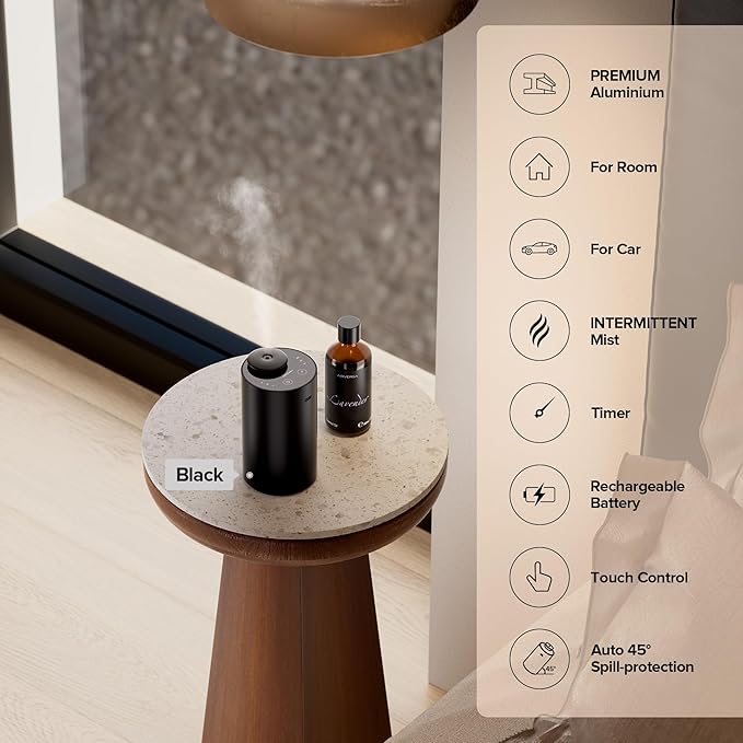 Waterless Essential Oil Diffuser for Home Aromatherapy Scent Diffusers with 3 Countdown Timer Settings or Timer-Off, 3 Mist Levels for Car Room Studio Office, ANX Premium Metal Spce Grey