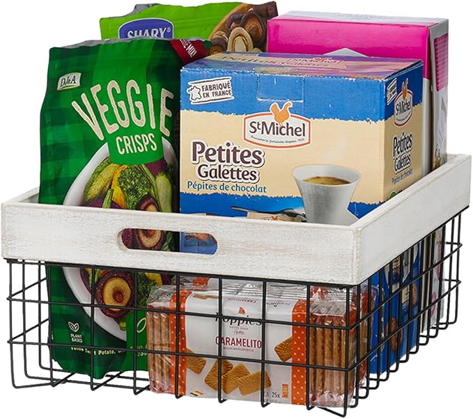 Set of 3 Metal Wire Baskets for Organizing Wood Top with Handles Storage Organizer Farmhouse Decor for Kitchen Cabinets Pantry Laundry Room Bathroom Closets Nesting Countertop Baskets