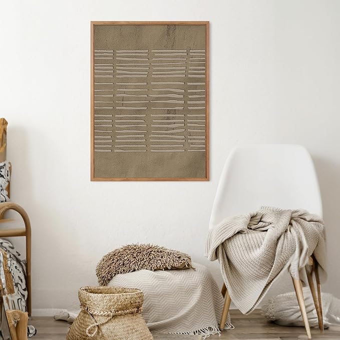 Large Abstract Brown Beige Framed Canvas Wall Art,Modern Lines Dots Wall Decor,Boho Neutral Minimalist Artwork,Mid Century Geometric Art Print for Living Room,Bedroom,Office-24 x36 x3