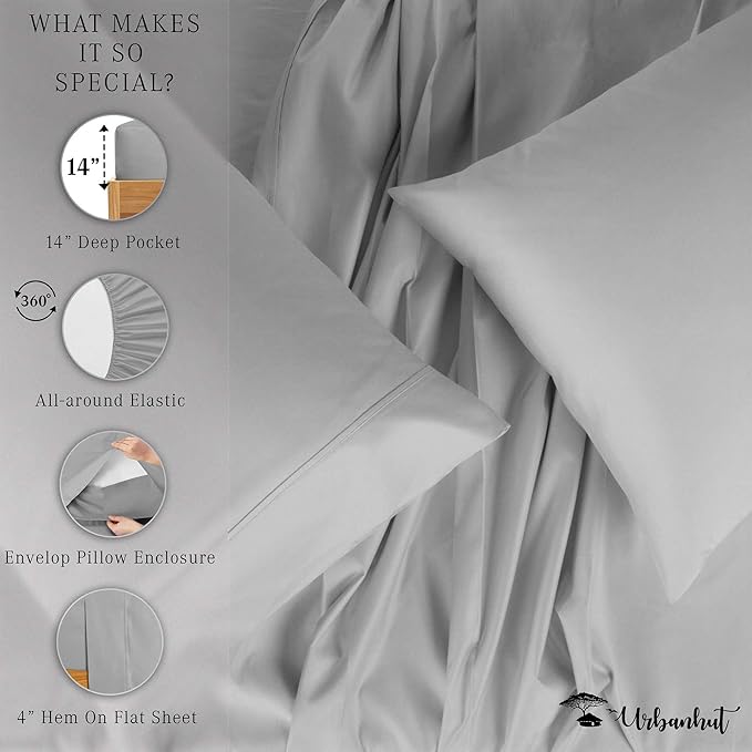 URBANHUT 700 Thread Count Egyptian Cotton Sheets Twin Size, 4Pc Sheet Set Soft Luxury Bed Sheets for Twin Size Bed, Sateen Weave Hotel Sheets, 14'' Elasticized Deep Pocket - Silver Grey