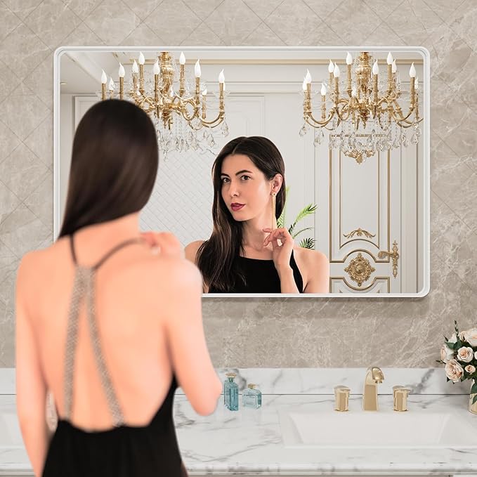 LOAAO 48x30 Inch White Metal Framed Bathroom Mirror for Wall, White Bathroom Vanity Mirror Farmhouse, Large Rounded Rectangle Mirror, Anti-Rust, Tempered Glass, Hangs Horizontally or Vertically