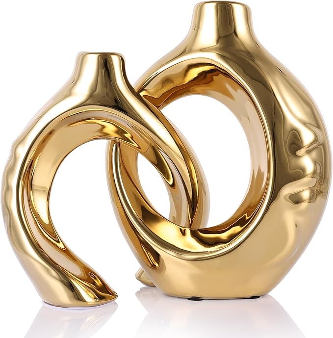 Gold Home Decor Ceramic Vase, Round Vase with Holes Set of 2, Suitable for Wedding Entrance Decoration, Bookshelf, Mantel, Unique Home Decor (Gold)