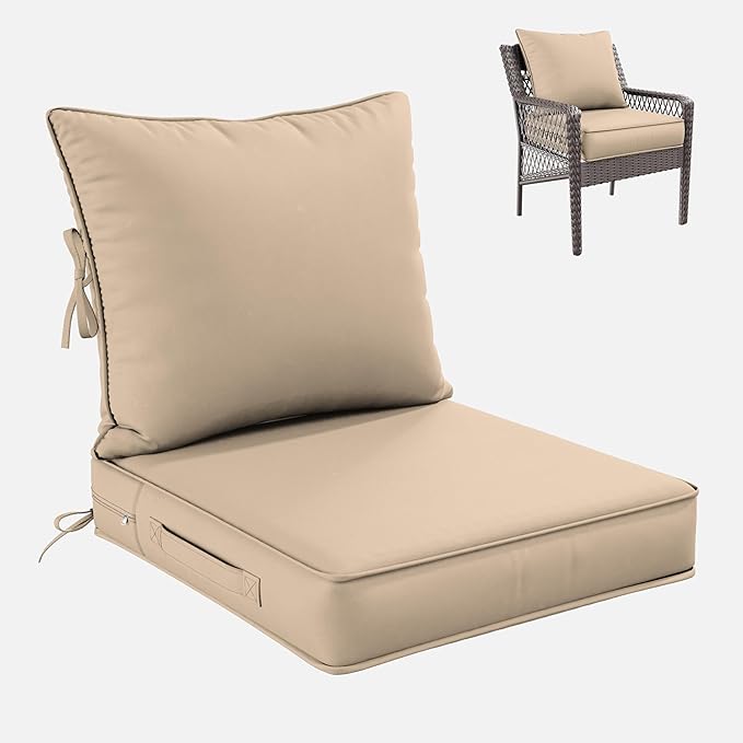 Premium Outdoor Seat Cushion Chair Cushions for Patio Furniture 22 L X 24 W X 4 H Waterproof & Fade Resistant Deep Seat and Backrest Cushion Set with Removable Covers for Chair, Sofa