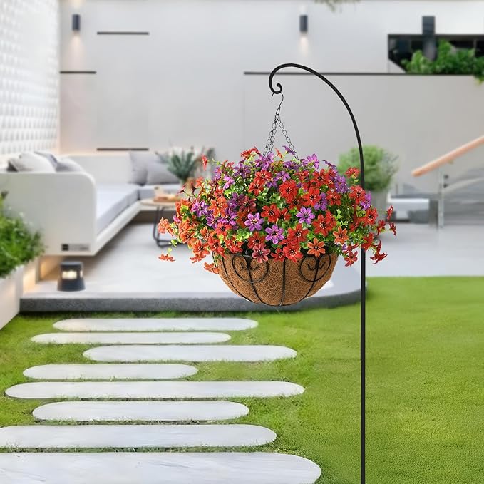 INQCMY Artificial Hanging Flowers Basket for Outdoors - Faux Daisy Silk Flower Realistic, Colorful Fake Plastic Plants UV Resistant Summer Decor for Garden Front Porch Patio Balcony Yard