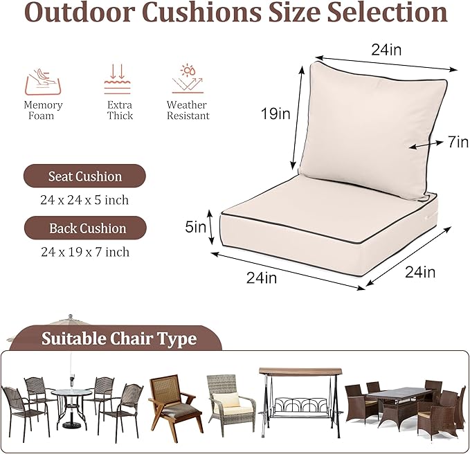 Waterproof Outdoor Chair Cushion Set of 4, 24x24x5 IN Deep Seat Patio Cushions with Fade Resistant Removable Cover,Outdoor Cushions for Patio Furniture w/ Ties&Handle for Chair Sofa Couch,Cream+Pipes