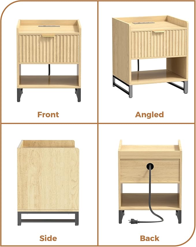 Fluted Night Stand with Charging Station, Wood Nightstand with Large Drawer and Open Storage Cabinet, Mid-Century Modern Bedside Table End Table for Bedroom Closet Office