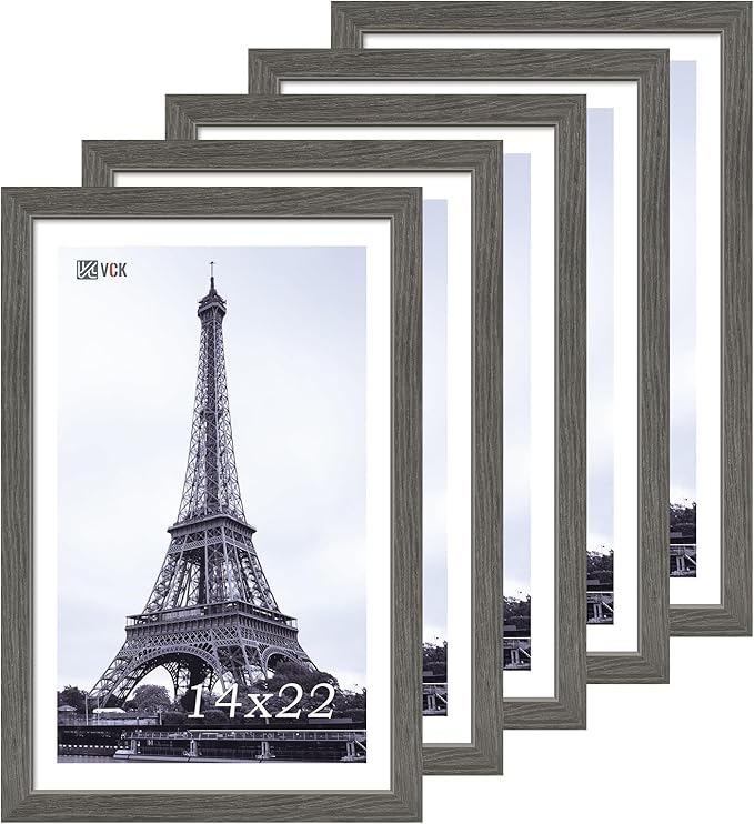 VCK 14x22 Picture Frame Set of 5, Gray Solid Wood Poster Picture Frame, Exclusive Wood Grain, Wall Mounting Hanging