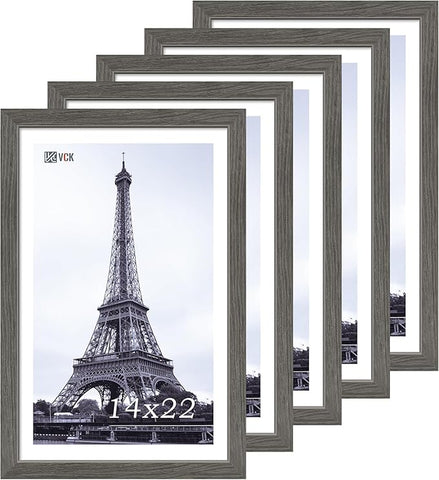 VCK 14x22 Picture Frame Set of 5, Gray Solid Wood Poster Picture Frame, Exclusive Wood Grain, Wall Mounting Hanging