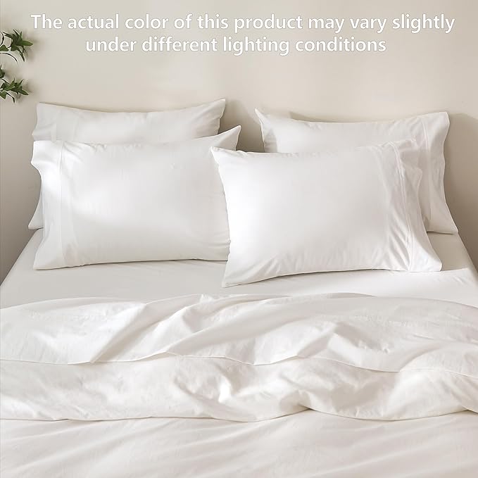 100% Cotton 6-Piece Queen Size 102" x 90" Bedding Set - Fitted Sheet, Flat Sheet & 4 Pillowcases with 17" Deep Pocket,Soft Breathable Bed Sheets for Cozy Sleep,Off White