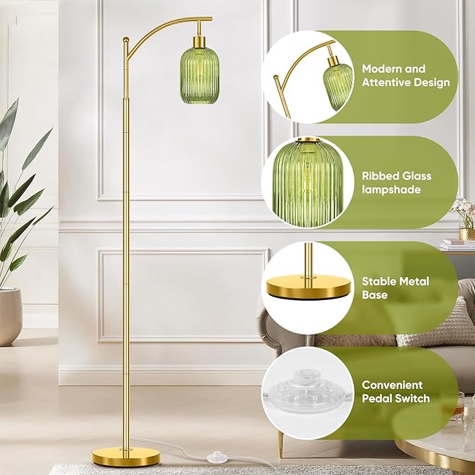 Glass Floor Lamp for Living Room, Modern Green Standing Lamp with Ribbed Glass Lampshade Foot Switch, 67” Tall Lamp for Bedroom Study Room