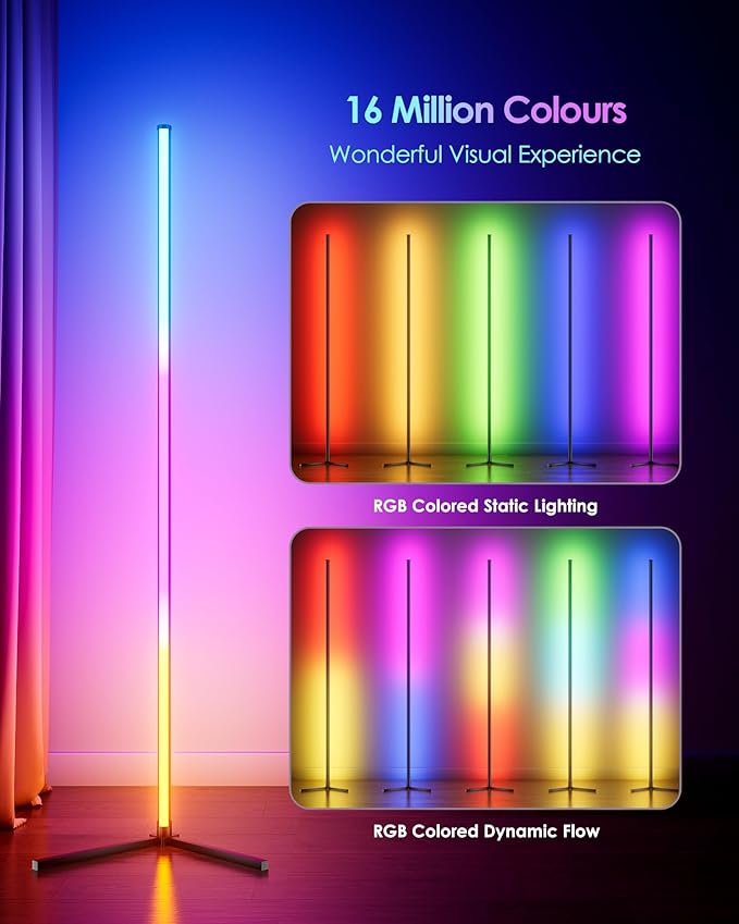 LED Corner Lamp, 65" RGB Corner Floor Lamp with 16 Million DIY Colors, 216 Dynamic Light Effects and Music Sync - App and Remote Control LED Lamp for Bedroom, Living Room, Gaming Room