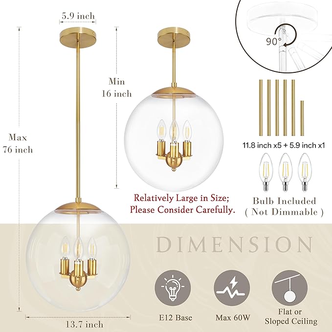 13.7" Globe Pendant Light Contemporary Globe Pendant Lights Kitchen Island 3 Light Gold Mid Century Pendant Light Clear Glass with Brass Finish Adjustable Hanging Light Fixture for Dining Room