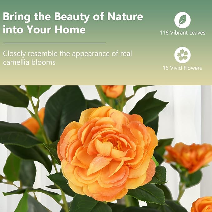 Goplus 36’’ Artificial Camellia Tree, Flower Plants Artificial Tree, Faux Floral Plant Blooming Tree in Nursery Pot, Greenery Potted Plant for Indoor Office Home Porch Decor, Orange