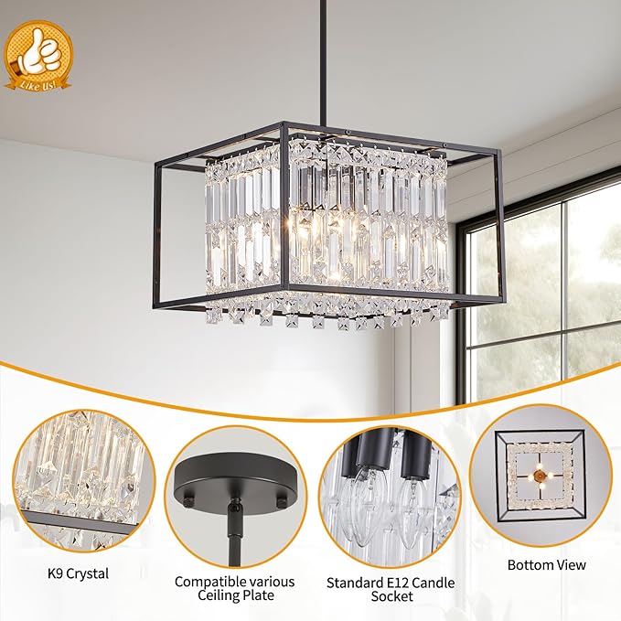 Modern 4-Light Dining Room Chandelier,Farmhouse Black Metal Chandelier,Crystal Square Industrial Pendant Light Fixture for Kitchen Island Living Room Foyer Hallway Entryway 15.75"