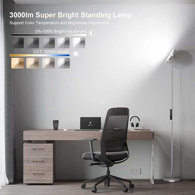 SUNMORY Floor Lamps for Living Room, 32W/3000LM Super Bright LED Floor Lamp with Remote Control, 69" Tall Standing Lamp with Stepless Dimmable, Modern Torchiere Corner Lamp for Bedroom, Office Nickel