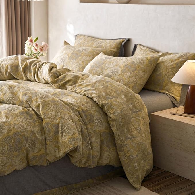 VM VOUGEMARKET Jacquard Flower Duvet Cover King with 2 Pillowcases,Retro Golden Yellow Bedding Set,Soft Breathable Yarn-Dyed Cotton Duvet Cover with Zipper Closure
