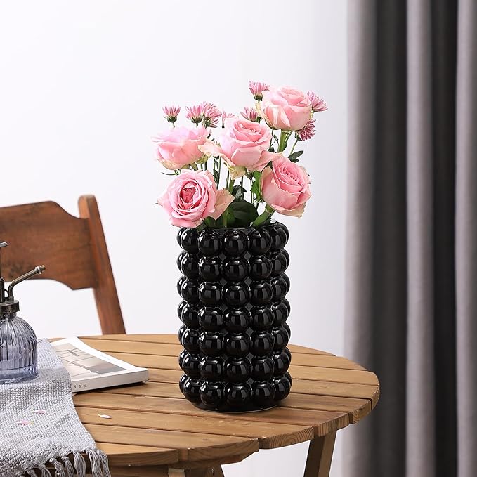 Black Bubble Vase, Ceramic Vase, Flower Vase, Boho Vase, Tall Ceramic Vase, Vase for Decor, Modern Ceramic Vase for Living Room, Dinner Table, Bedroom, Wedding, Fireplace Mantel, 8.5 Inches