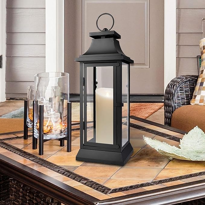 Serene Spaces Living Set of 4 Black Hurricane Lanterns with Clear Glass Panels - Ideal for Home Decor, Parties & Events - Table Top or Hanging Lantern for Indoor & Outdoor Use - Measures 15" Tall