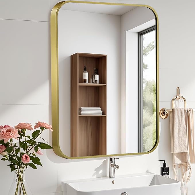 FARMER 30x36 Inch Matte Gold Bathroom Mirrors for Wall, Brushed Bathroom Vanity Mirror with Rounded Edge, Metal Framed Rectangle Mirrors for Bathroom or Living Rooms, Hangs Horizontally or Vertically