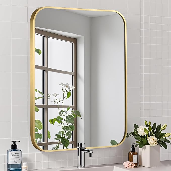Brushed Gold Mirror, 16"x20" Rectangle Bathroom Mirror, Metal Frame Rectangle Corner Vanity Mirror, Wall Mounted Mirror for Modern, Living Room, Bedroom, Horizontal Or Vertical