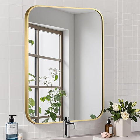 Brushed Gold Mirror, 16"x20" Rectangle Bathroom Mirror, Metal Frame Rectangle Corner Vanity Mirror, Wall Mounted Mirror for Modern, Living Room, Bedroom, Horizontal Or Vertical