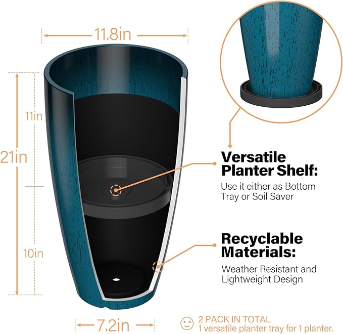 ZMTECH 21 Inch Tall Plant Pots for Indoor & Outdoor Use Set of 2, Large Plastic Planters with Removable Tray for Outside with Drainage Holes for Front Porch Patio Garden, Dark Teal Blue