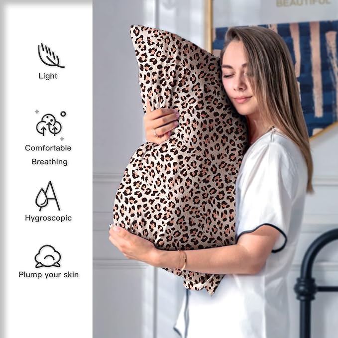 Mulberry Silk Pillowcase for Hair and Skin King Size Leopard Print Silk Pillow Cases with Zipper Soft Breathable Smooth Cooling Silk Pillow Covers for Sleeping (Taupe Leopard,20"X 36",1Pcs)