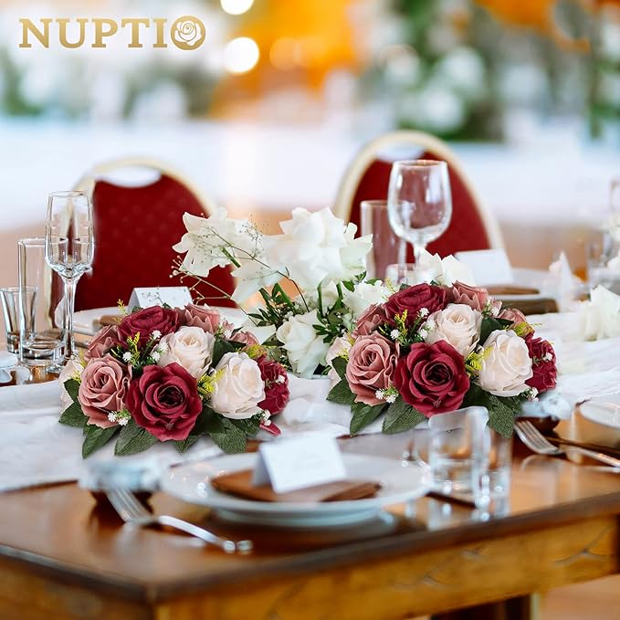 Nuptio Artificial Flower Centrepieces for Tables - 6 Pcs Burgundy & Dusty Rose & Creamy White Fake Flowers Roses Balls 9.5in Diam - Silk Faux Rose Arrangement for Wedding Party Centerpiece Table Decor