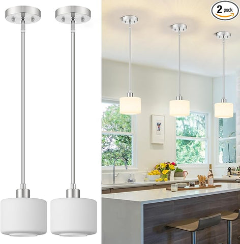 Milk Glass Pendant Lights Kitchen Island 2 Pack, Modern Brushed Nickel Hanging Light Fixtures with Rods, Mini Kitchen Pendant Lighting Over Island for Sink Bathroom, OS-YQ8153-2PBN