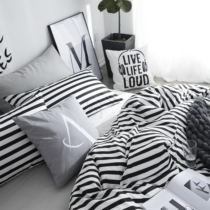 CLOTHKNOW Striped Comforter Set Queen Black and White Bedding Comforter Sets All Season Farmhouse Comforter Queen with 2 x Pillow Cases