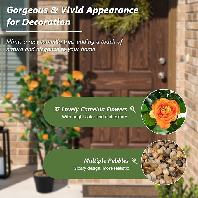 Goplus 40” Artificial Camellia Tree, Flower Plants Artificial Tree, Faux Floral Plant Blooming Tree in Cement Pot, Greenery Potted Plant for Indoor Outdoor Office Home Porch Decor, Free Maintenance